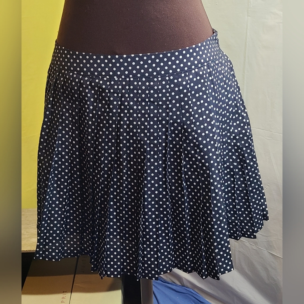 Flying Tomato Women's Nvy/Wht Polka-dot Pleated Skater Mini Skirt Sz L EUC